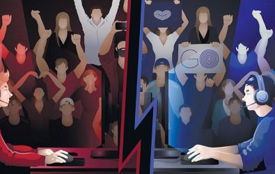 Cartoon graphic showing two esports players
