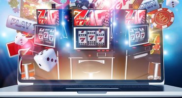 Graphic showing slot machine imagery coming out of a laptop