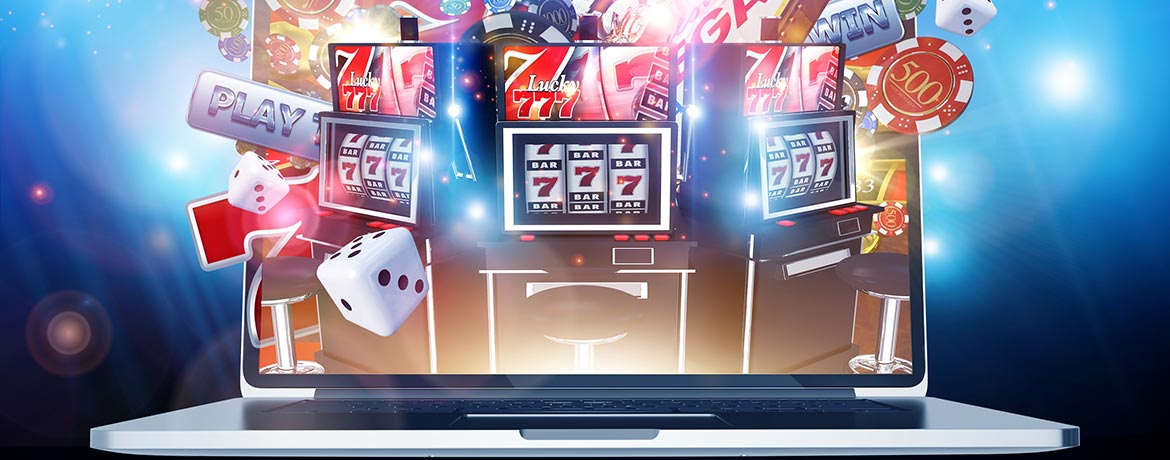 Graphic showing slot machine imagery coming out of a laptop